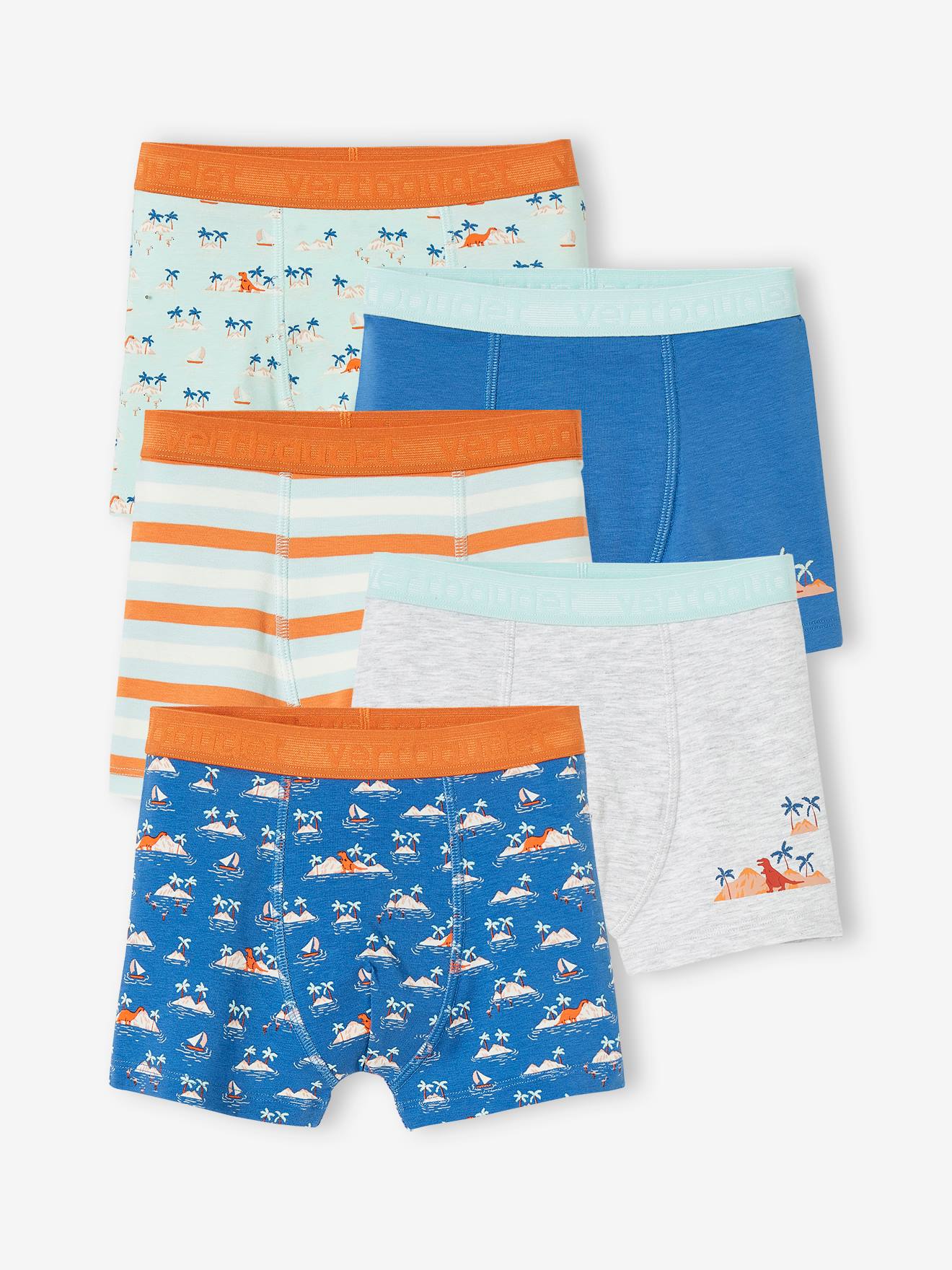 Lote de 5 boxers stretch, Dinossauro tropical, para menino-Menino 2-14 anos-Vertbaudet