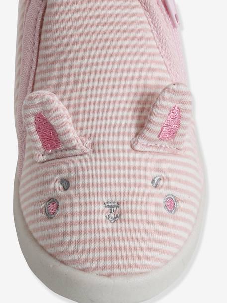 Sapatinhos em tecido, com fecho, para bebé riscas rosa 