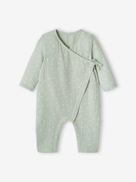 Pijama cruzado, abertura especial recém-nascido, em gaze de algodão, para bebé verde-água 