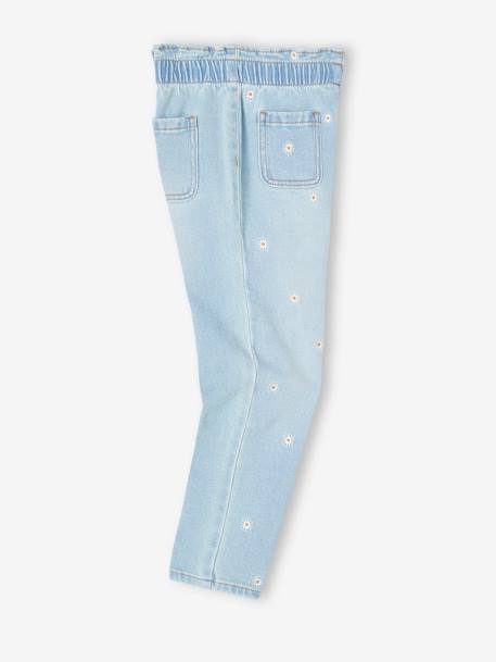 Jeans paperbag, flores bordadas, para menina azul-ganga+double stone 