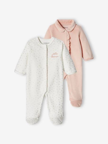 Lote de 2 pijamas coração, em veludo, para bebé menina rosa-pálido 