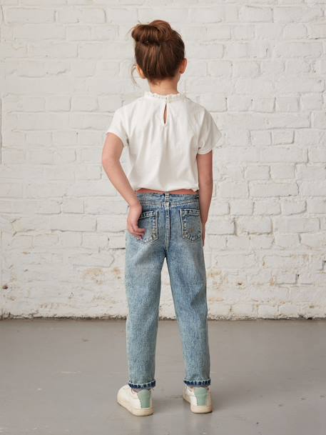 Jeans 'Mom fit' e cinto em gaze de algodão, para menina AZUL MEDIO LISO+PRETO MEDIO LISO 