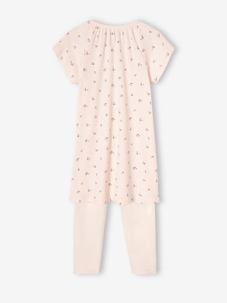 Camisa de dormir cerejas, em malha canelada + leggings lisas, para menina rosa-nude 