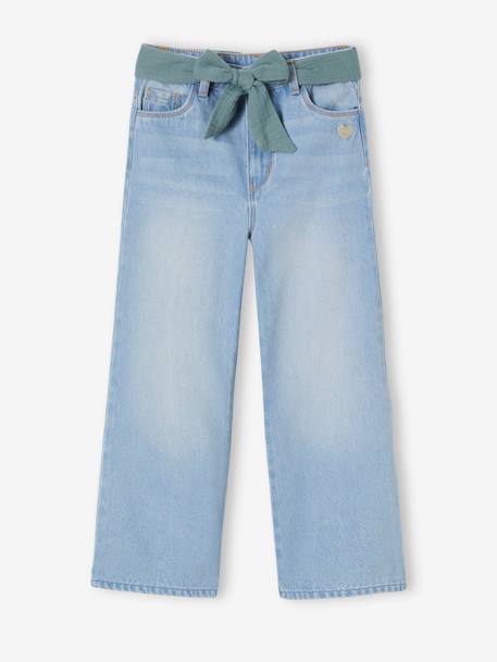 Jeans largos e cinto em gaze de algodão, comprimento pelos tornozelos, para menina double stone+stone 