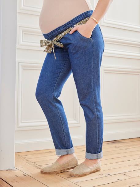 Jeans corte paperbag com cinto, para grávida AZUL ESCURO LISO+AZUL MEDIO LISO 