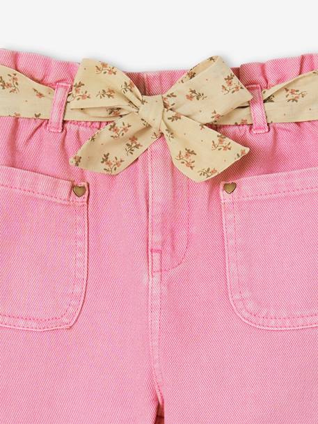Calças curtas paperbag, cinto às flores, para menina azul-céu+rosa 