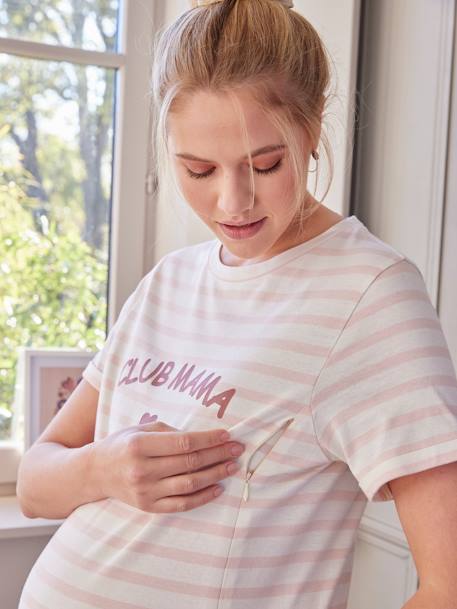 Camisa de dormir em algodão bio, especial gravidez e amamentação rosa 