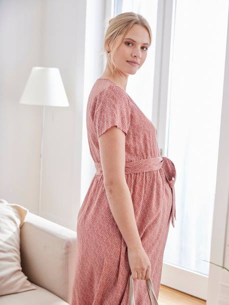 Vestido estampado às flores, com cordão na cintura, para grávida cru+terracota 