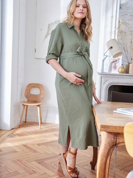 Vestido comprido estilo camisa, em gaze de algodão, especial gravidez e amamentação azeitona+marinho 