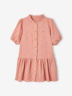 Vestido com botões, mangas 3/4, em gaze de algodão, para menina mostarda+rosa-blush 