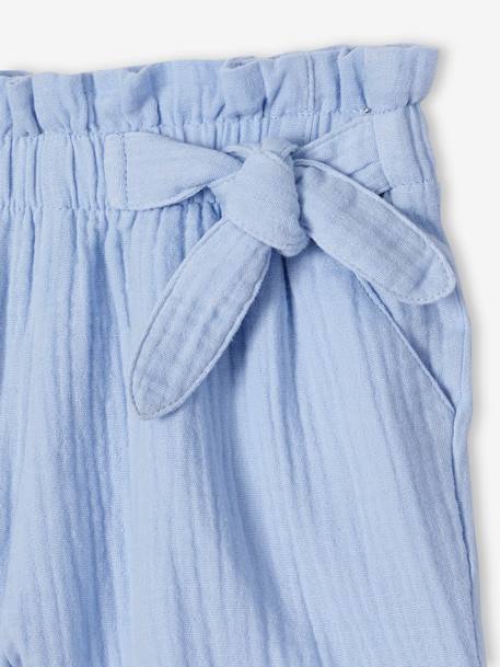 Calções estilo 'paperbag', em gaze de algodão, para menina azul-pálido+baunilha+coral+verde amêndoa 