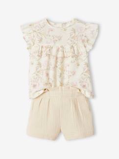 Menina 2-14 anos-Conjuntos-Conjunto de cerimónia, blusa com folhos e calções em gaze de algodão, para menina