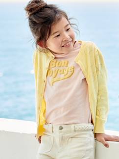 Menina 2-14 anos-Camisolas, casacos de malha, sweats-Casaco em malha ajurada, com flores, para menina