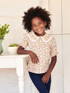 Menina 2-14 anos-Blusas, camisas-Blusa às flores, gola claudine, mangas curtas, para menina