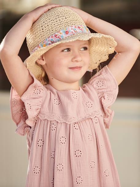 Vestido com flores bordadas, em gaze de algodão, para menina azul-pálido+rosado 