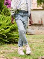 Jeans paperbag, flores bordadas, para menina azul-ganga+double stone 