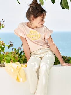 Menina 2-14 anos-T-shirts-T-shirts-T-shirt com mensagem com impressão em volume, mangas curtas com folho, para menina