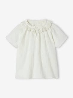 Menina 2-14 anos-Blusa em gaze de algodão, gola em bordado inglês, para menina