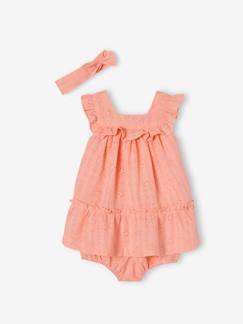 -Conjunto em bordado inglês para bebé com vestido, calções bloomer e fita