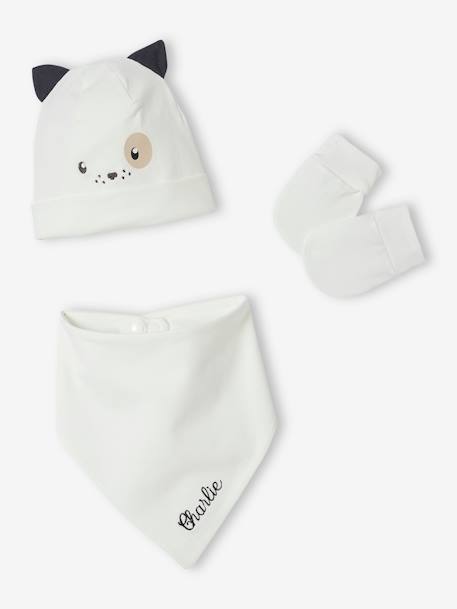 Conjunto  Cão, personalizável, com gorro + luvas de polegar + lenço, em malha, para bebé branco 