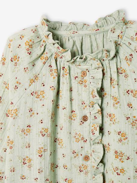 Blusa com folhos, personalizável, em gaze de algodão, estampada às flores, para menina cru+tomate+verde-água 