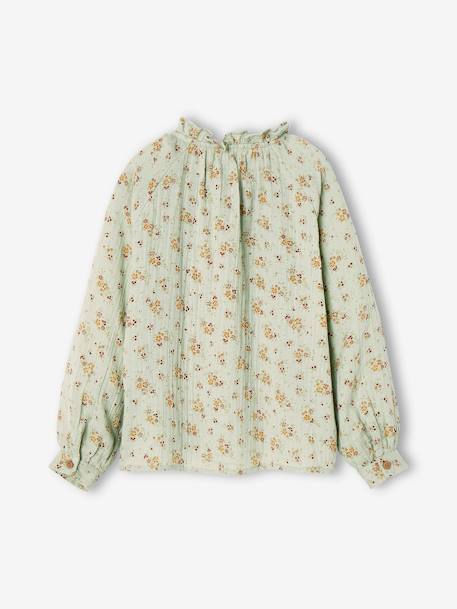 Blusa com folhos, personalizável, em gaze de algodão, estampada às flores, para menina cru+tomate+verde-água 