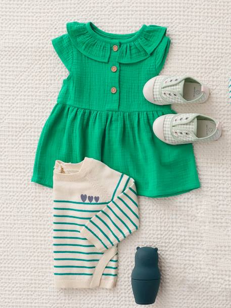 Vestido com gola larga, em gaze de algodão, para bebé laranja+verde 