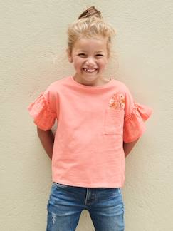 Menina 2-14 anos-T-shirts-T-shirts-T-shirt com folho nas mangas em bordado inglês, para menina