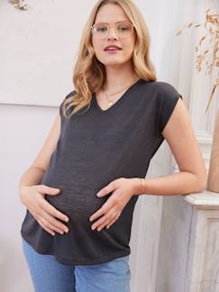 Roupa grávida-T-shirt com decote em V, em algodão e linho, especial gravidez