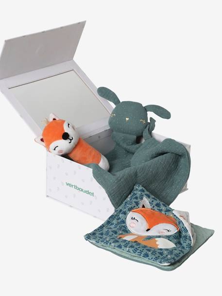 Caixa presente com 3 brinquedos: boneco-doudou + roca + livro de ilustrações amarelo+laranja+verde 