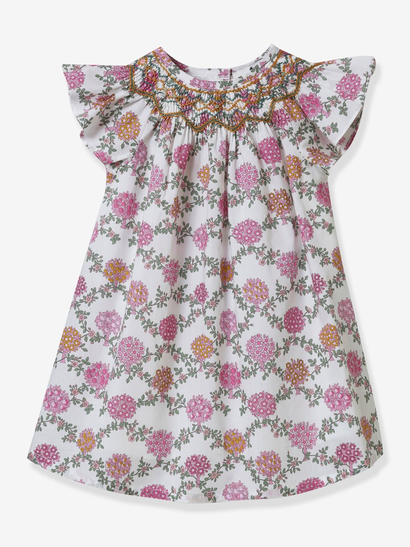 Vestido Ana, em tecido Liberty® - Coleção Festas e Casamentos, da CYRILLUS, para bebé branco estampado
