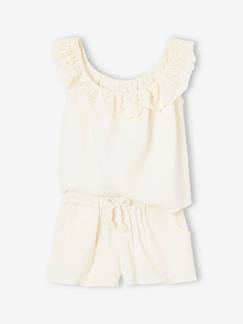 Menina 2-14 anos-Conjuntos-Conjunto em gaze de algodão: top com folhos e calções de menina