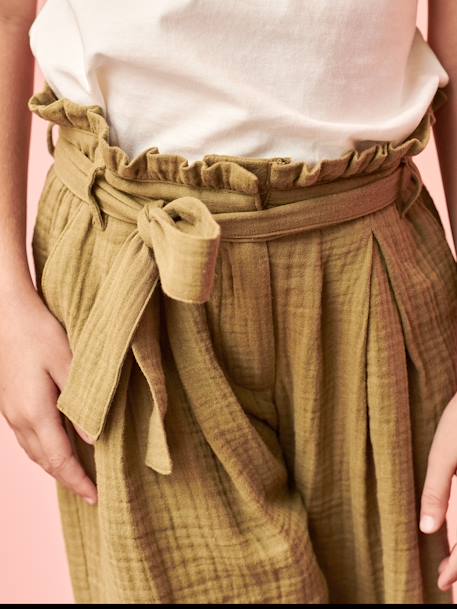 Calças curtas e largas estilo paperbag, em gaze de algodão, para menina caqui+rosa-velho 