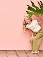 Calças curtas e largas estilo paperbag, em gaze de algodão, para menina caqui+rosa-velho 