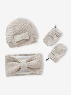 Conjunto com laço: gorro + gola snood+ luvas, para bebé menina