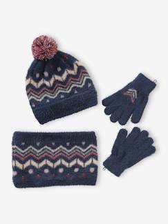 Menina 2-14 anos-Acessórios-Gorros, cachecóis, luvas-Conjunto gorro + gola snood + luvas, em malha jacquard, para menina