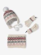 Conjunto gorro + gola snood + luvas em malha jacquard, para menina bege mesclado 