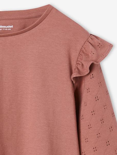 T-shirt com folhos e mangas compridas, para menina, BASICS cru+marinho+pau-rosa 