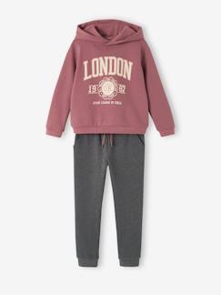 Menina 2-14 anos-Camisolas, casacos de malha, sweats-Conjunto sweat com capuz e calças, em moletão, para menina