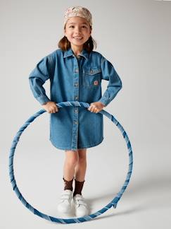Menina 2-14 anos-Vestidos-Vestido estilo camisa em ganga, flor bordada, para menina
