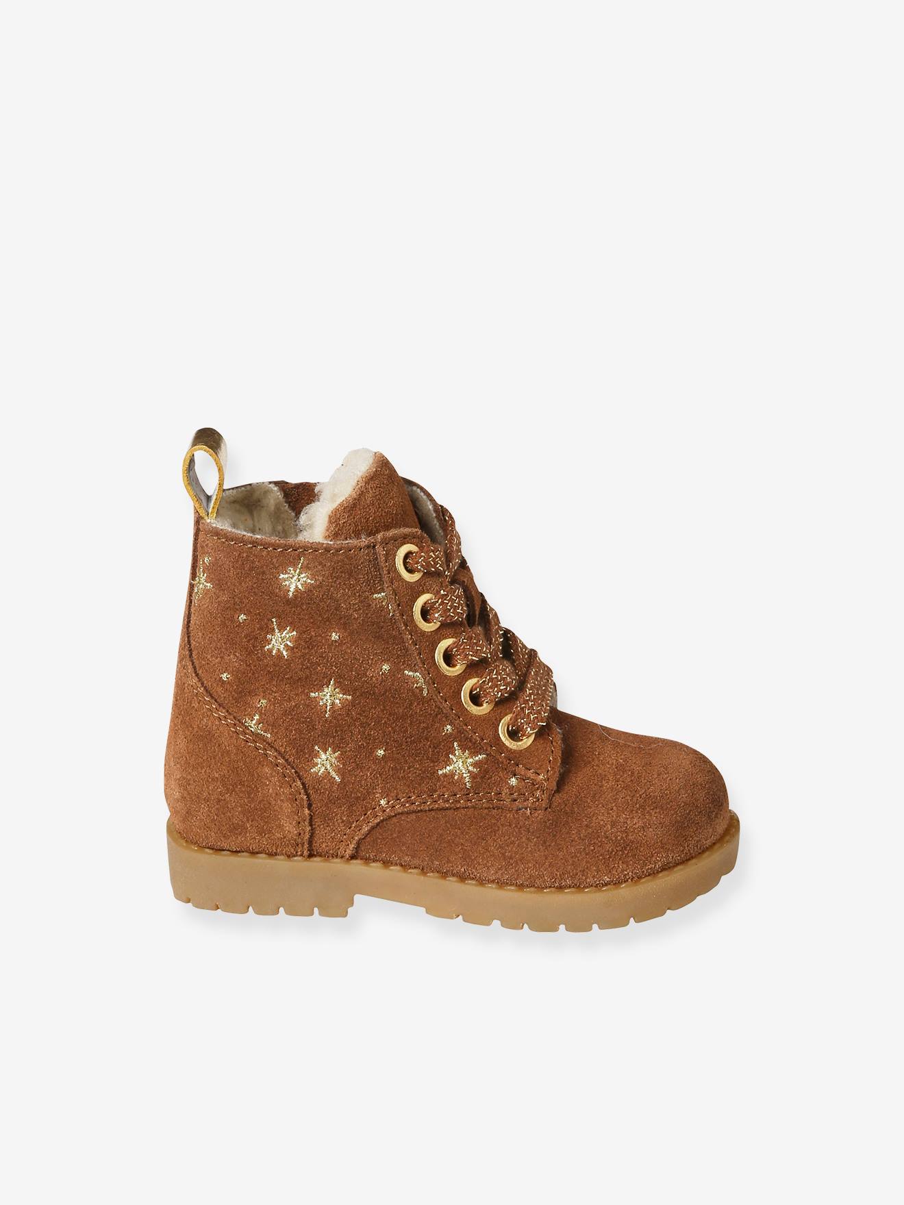 Botas com pelo, atacadores e fechos, em pele, para bebé camelo