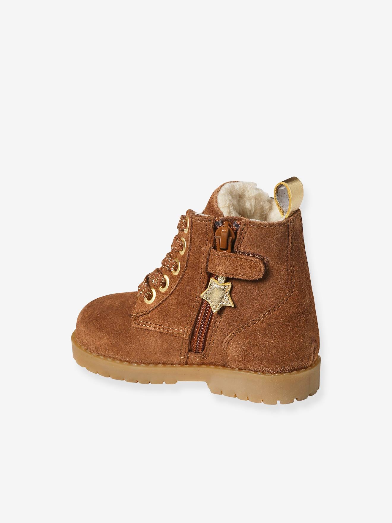 Botas com pelo, atacadores e fechos, em pele, para bebé camelo