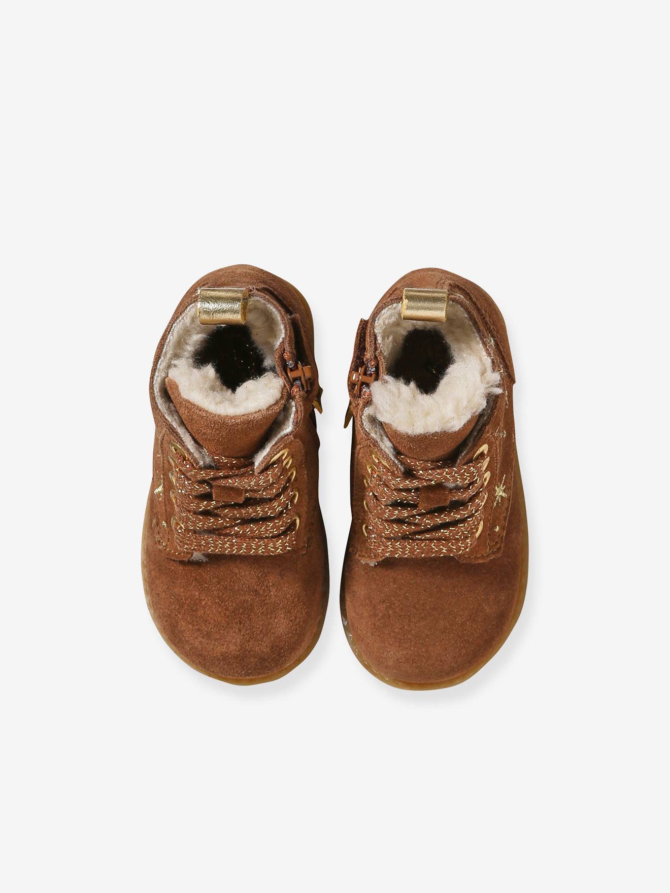 Botas com pelo, atacadores e fechos, em pele, para bebé camelo
