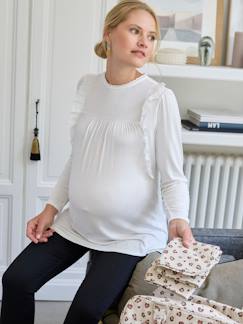Roupa grávida-T-shirts, tops-Blusa com folhos em bordado inglês, para grávida