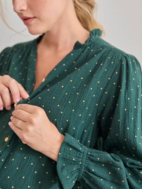 Blusa em gaze de algodão, especial gravidez e amamentação cru+verde-abeto 
