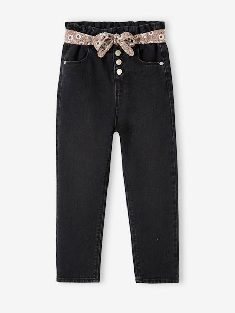 Jeans estilo paperbag e cinto florido, para menina AZUL ESCURO DESBOTADO+AZUL ESCURO LISO+ganga black+ganga cinzenta 