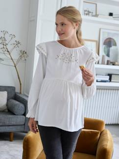 Roupa grávida-Blusas, camisas-Blusa bordada, em gaze de algodão e viscose, para grávida