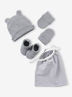 Conjunto recém-nascido em malha canelada: gorro + luvas de polegar + botinhas + saco