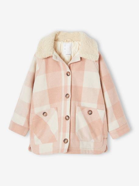 Casaco modelo camisa em lã, aos quadrados, para menina quadrados castanhos+quadrados rosa 