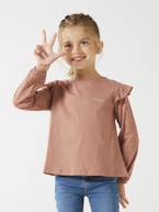 T-shirt com folhos e mangas compridas, para menina, BASICS cru+marinho+pau-rosa 